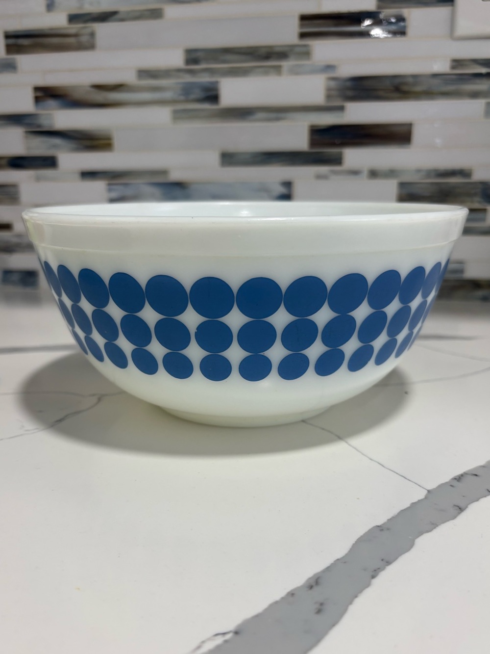 Blue Polka Dot on White Milk Glass Nesting Pyrex #403 Bowl - White and Blue